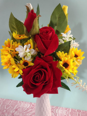 Artificial Red Roses & Yellow Sunflowers Bouquet with Vase – Home & Table Décor