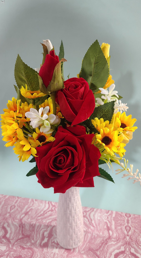 Artificial Red Roses & Yellow Sunflowers Bouquet with Vase – Home & Table Décor