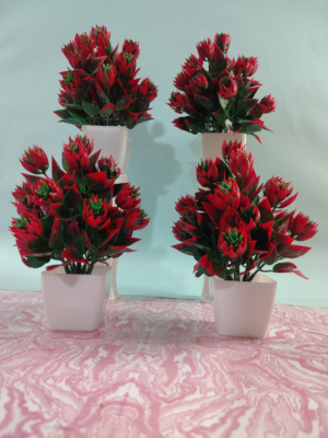 Elegant Red Blossom Artificial Plant Set – Lifelike Home & Office Décor (Pack of 4, with White Pots)