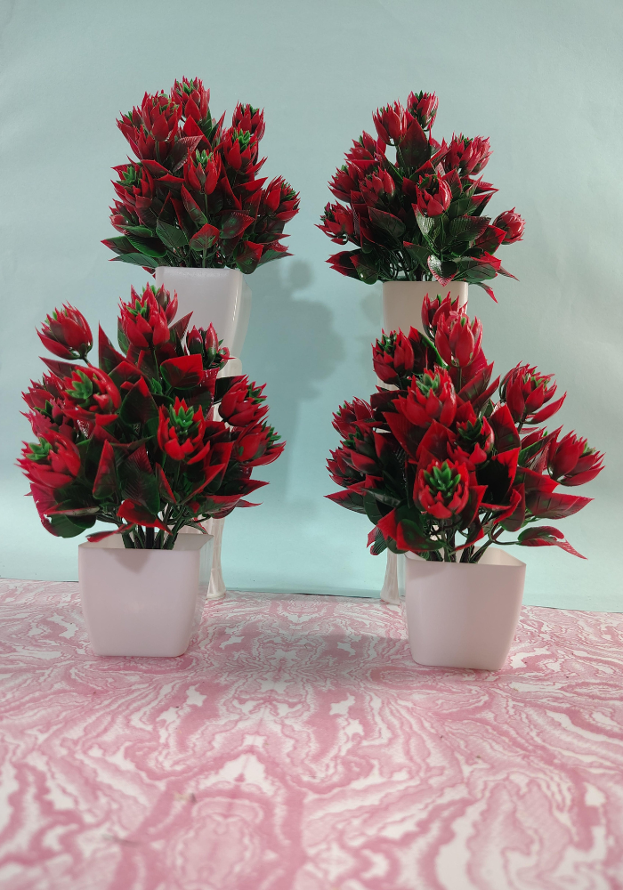 Elegant Red Blossom Artificial Plant Set – Lifelike Home & Office Décor (Pack of 4, with White Pots)