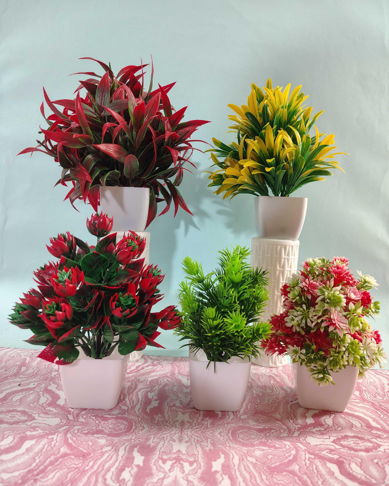 Premium Artificial Plants with White Pot – Set of 5 Decorative Potted Plants for Home & Office Decor