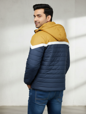 Men’s Blue & Yellow Color-Block Puffer Jacket – Warm, Comfortable & Stylish Winter Wear