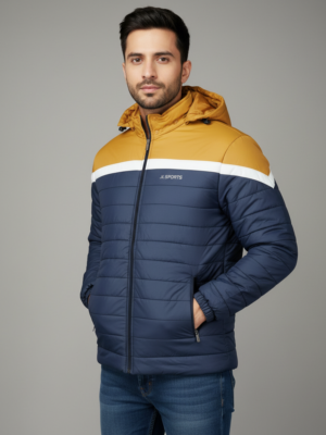 Men’s Blue & Yellow Color-Block Puffer Jacket – Warm, Comfortable & Stylish Winter Wear