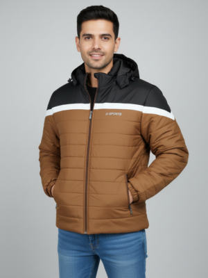 Men’s Brown & Black Color-Block Puffer Jacket – Warm, Comfortable & Stylish Winter Wear