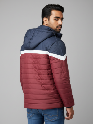 Men’s Maroon & Navy Color-Block Puffer Jacket – Warm, Comfortable & Stylish Winter Wear