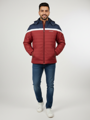 Men’s Maroon & Navy Color-Block Puffer Jacket – Warm, Comfortable & Stylish Winter Wear