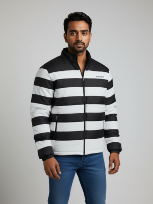 Men’s Black & White Striped Puffer Jacket – Warm, Comfortable & Modern Winter Wear