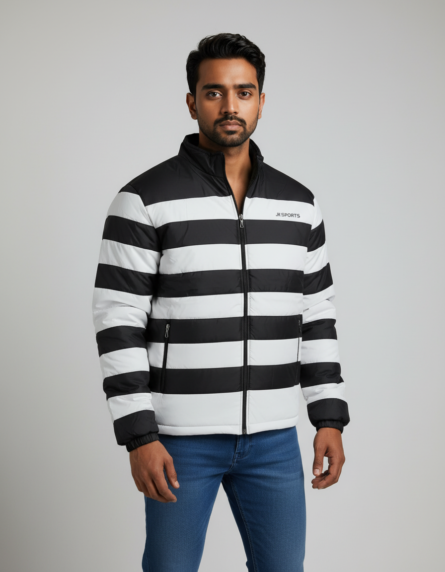 Men’s Black & White Striped Puffer Jacket – Warm, Comfortable & Modern Winter Wear