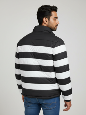 Men’s Black & White Striped Puffer Jacket – Warm, Comfortable & Modern Winter Wear