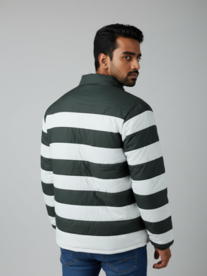 Men’s Green & White Striped Puffer Jacket – Warm, Comfortable & Stylish Winter Wear