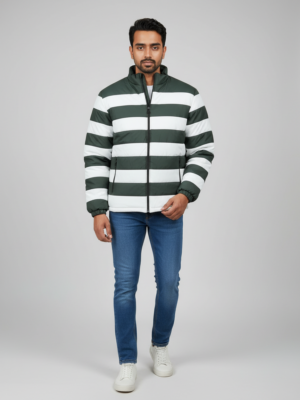Men’s Green & White Striped Puffer Jacket – Warm, Comfortable & Stylish Winter Wear