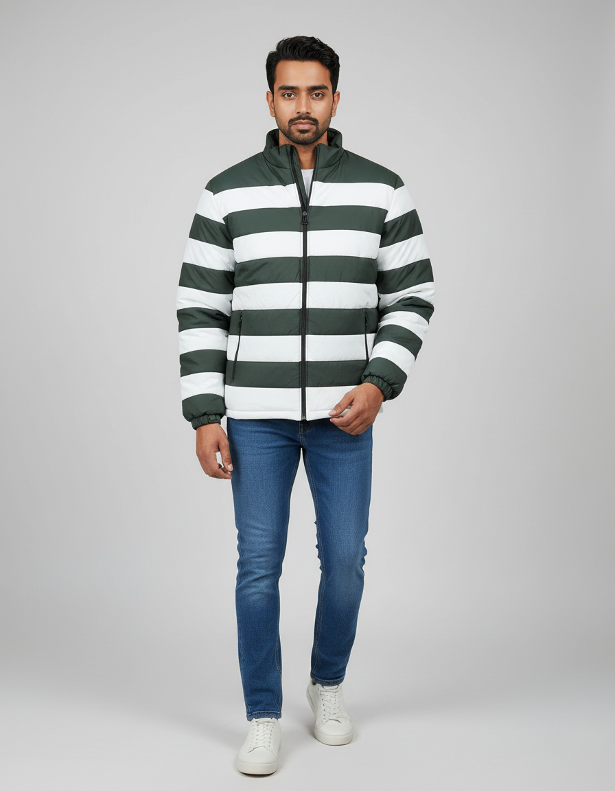 Men’s Green & White Striped Puffer Jacket – Warm, Comfortable & Stylish Winter Wear