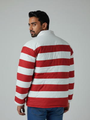 Men’s Red & White Striped Puffer Jacket – Warm, Comfortable & Stylish Winter Wear