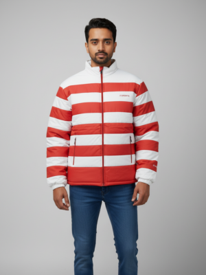 Men’s Red & White Striped Puffer Jacket – Warm, Comfortable & Stylish Winter Wear