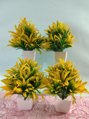 Artificial Yellow-Green Leaf Potted Plants – Realistic Faux Plants for Home & Office Decoration (Set of 4, White Pot)