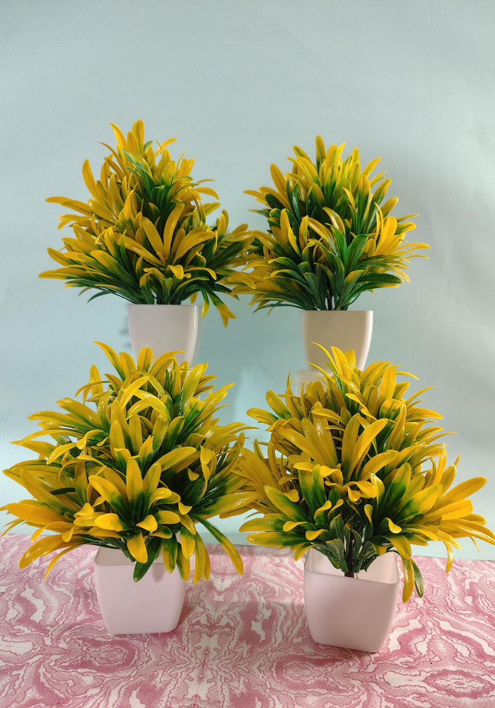 Artificial Yellow-Green Leaf Potted Plants – Realistic Faux Plants for Home & Office Decoration (Set of 4, White Pot)